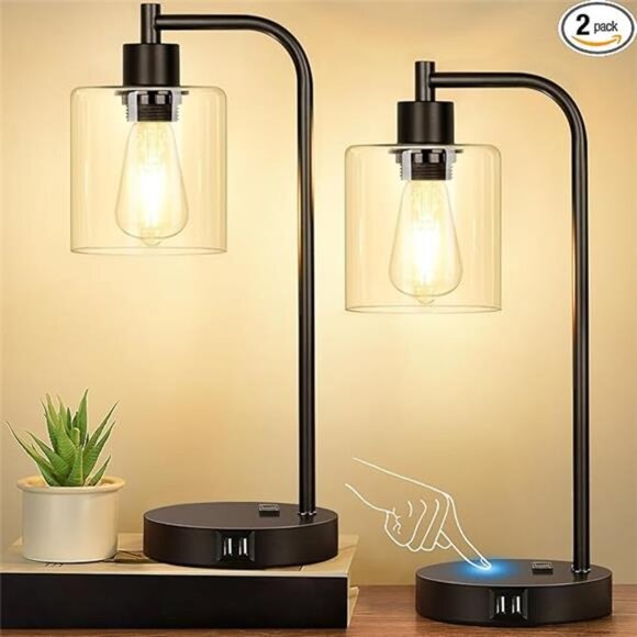 Set of 2 Industrial Touch Control Table Lamps with 2 USB Ports and AC Outlet - Picture 7 of 7